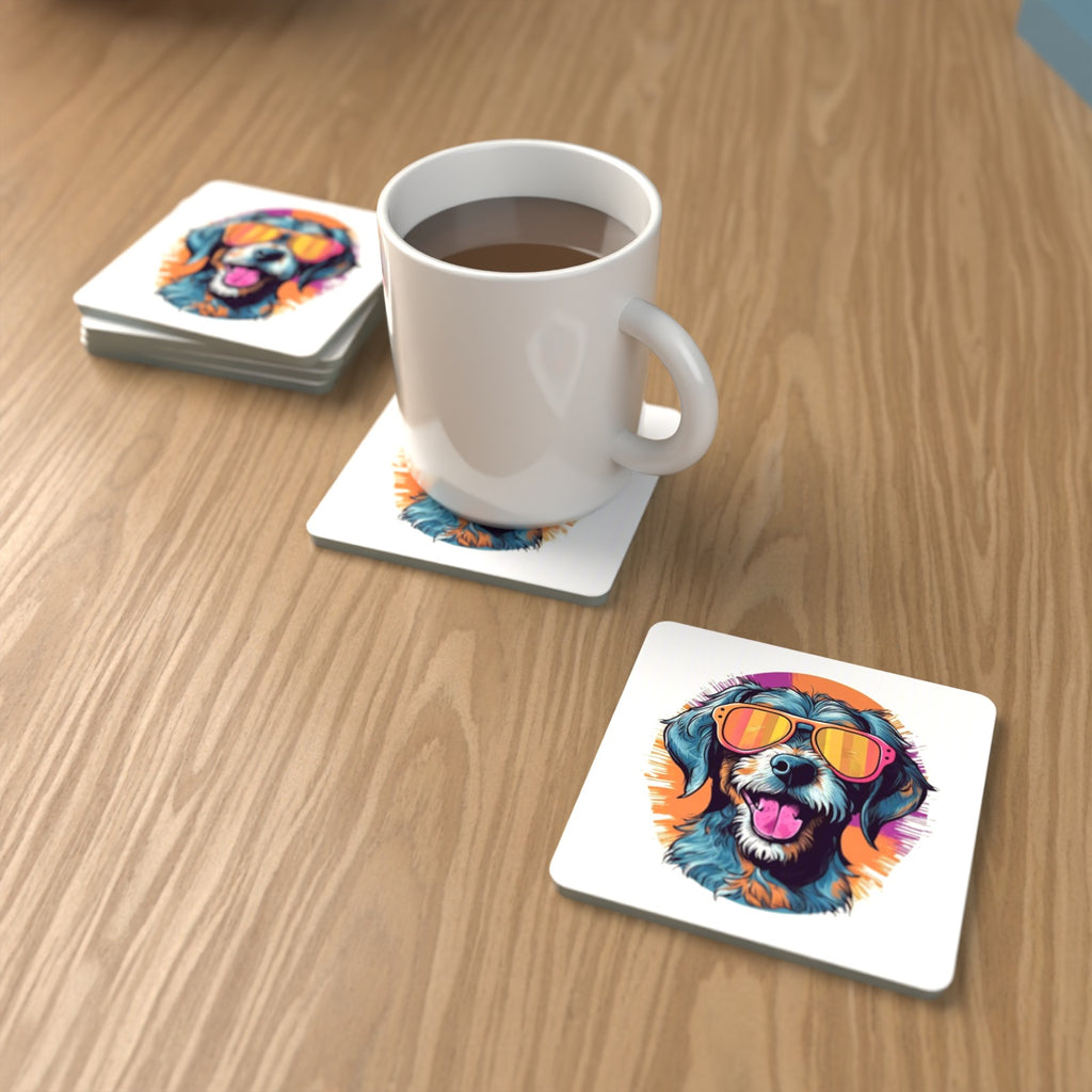 Shaggy Dog in Retro Sunglasses Square Glass Coasters – Set of 6 – lifestyle mockup with a mug of coffee