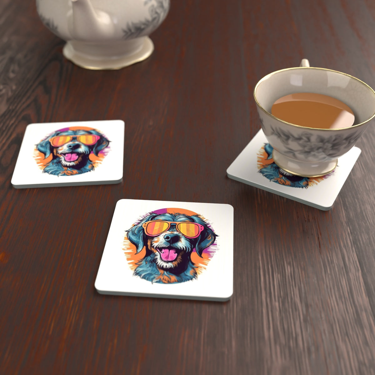 Shaggy Dog in Retro Sunglasses Square Glass Coasters – Set of 6 – lifestyle mockup with a teacup