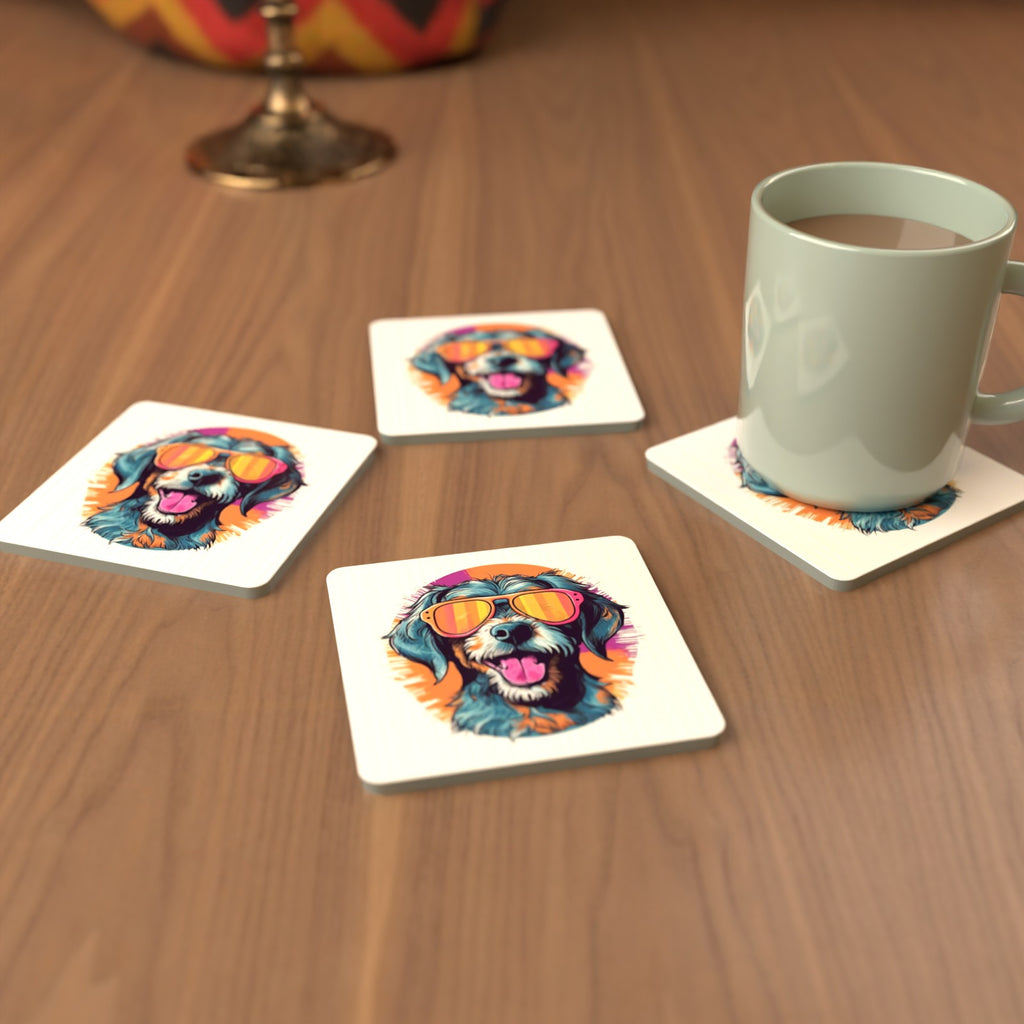 Shaggy Dog in Retro Sunglasses Square Glass Coasters – Set of 6 – cosy lifestyle mockup