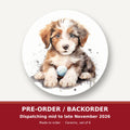 Watercolour Fluffy Puppy with Ball round ceramic coaster set of 6 – pre-order / backorder, dispatching mid to late November 2026