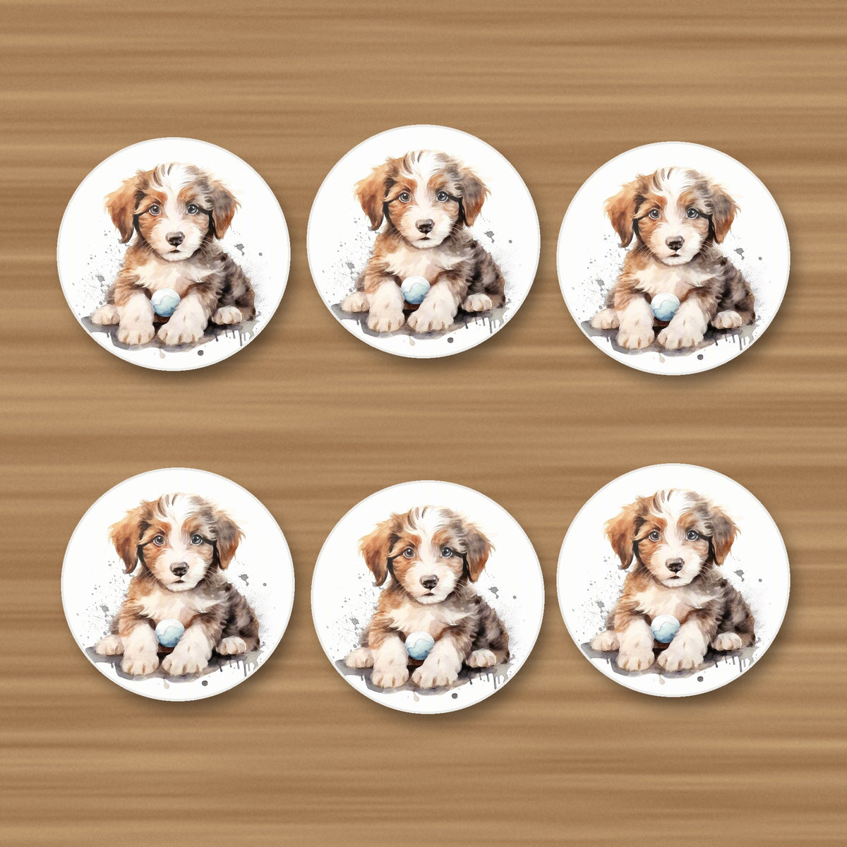 Watercolour Fluffy Puppy with Ball round ceramic coasters, set of 6, on an oak coffee table