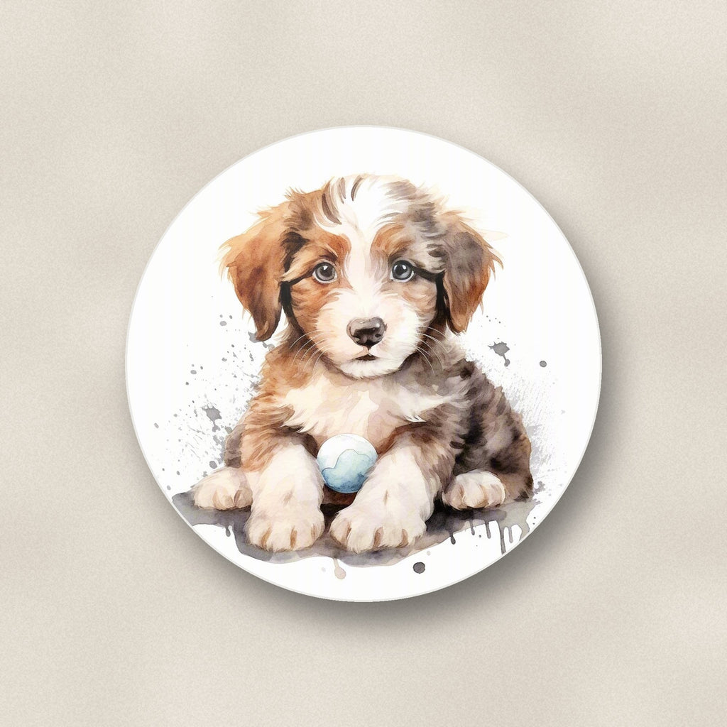 Close-up of one watercolour fluffy puppy with ball round ceramic coaster, flat UV print