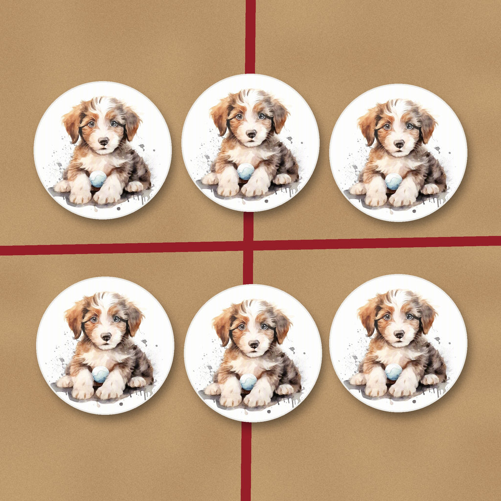 Watercolour Fluffy Puppy with Ball round ceramic coasters on kraft gift wrap