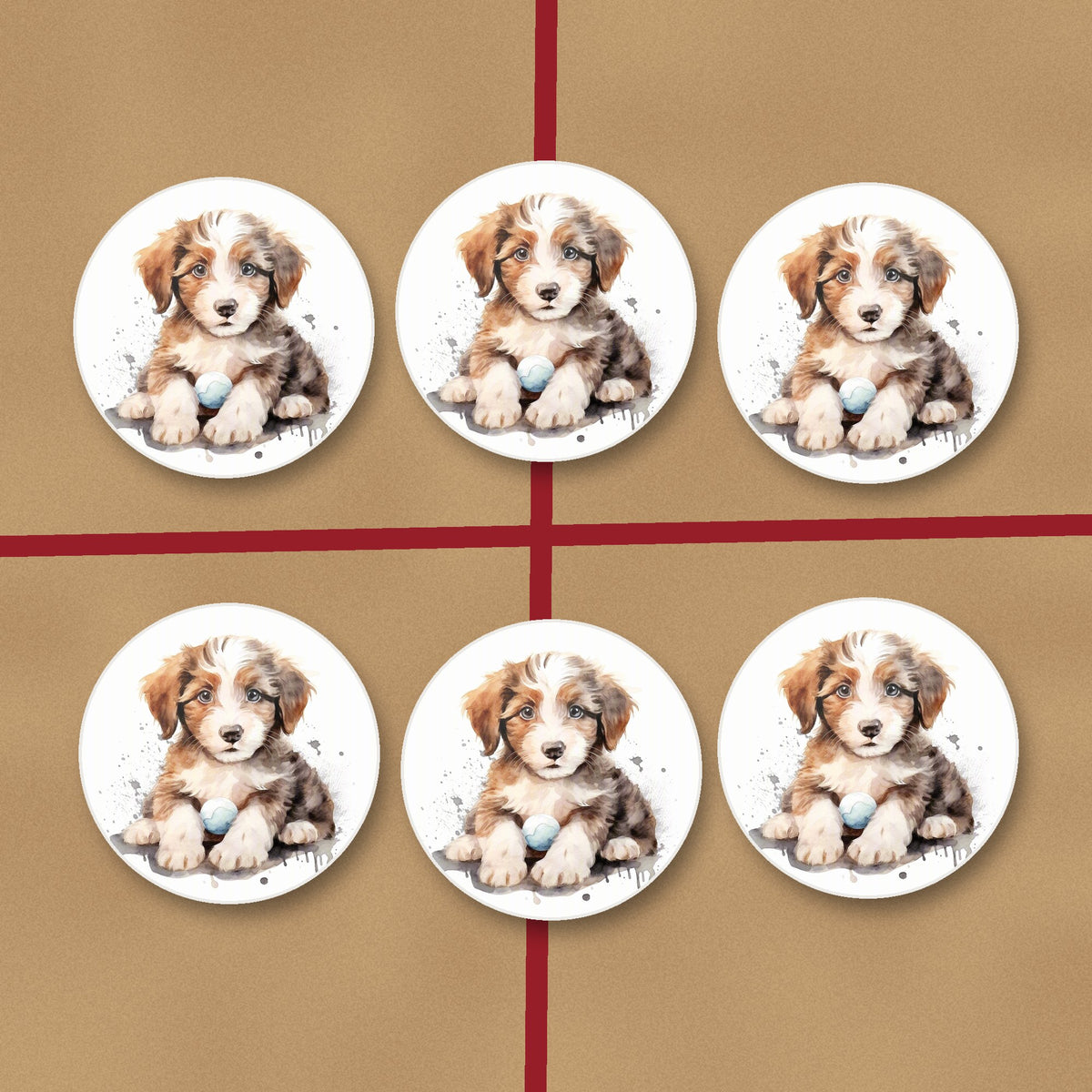 Watercolour Fluffy Puppy with Ball round ceramic coasters on kraft gift wrap