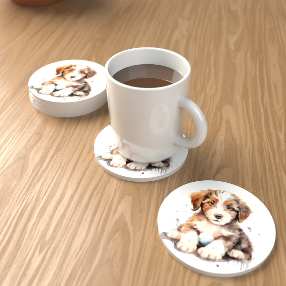 Watercolour Fluffy Puppy with Ball Round Ceramic Coasters – Set of 6 – lifestyle mockup with a mug of coffee