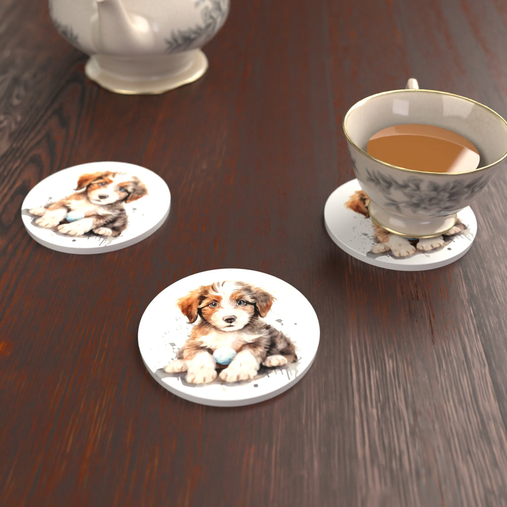 Watercolour Fluffy Puppy with Ball Round Ceramic Coasters – Set of 6 – lifestyle mockup with a teacup