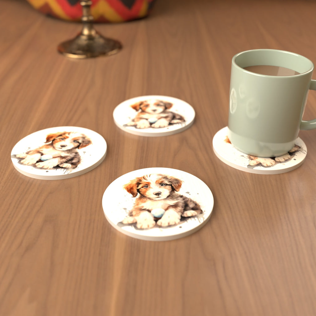 Watercolour Fluffy Puppy with Ball Round Ceramic Coasters – Set of 6 – cosy lifestyle mockup