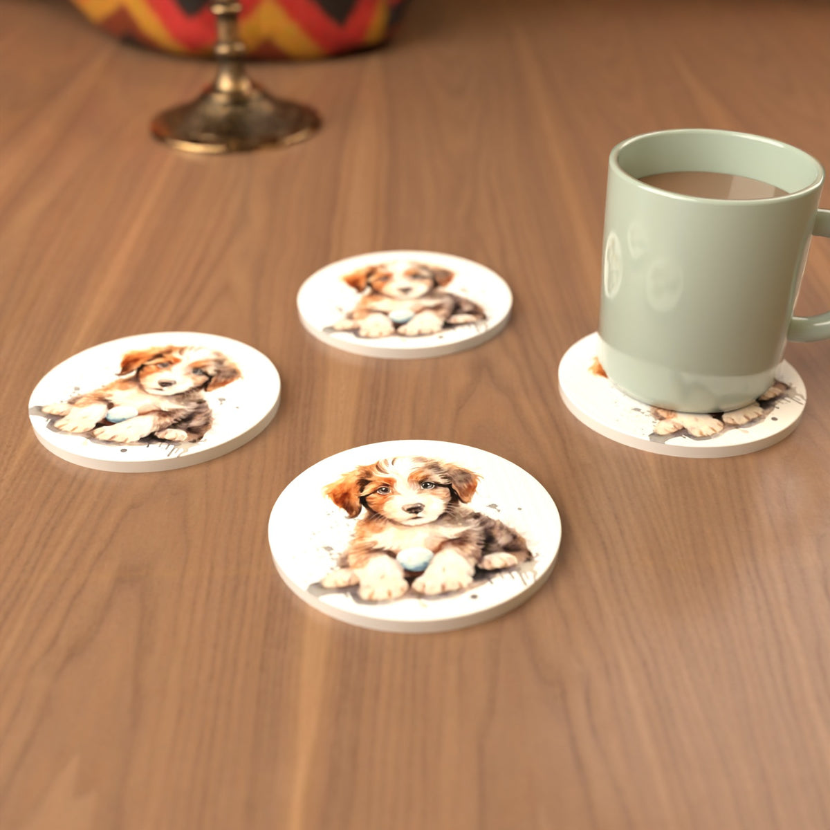 Watercolour Fluffy Puppy with Ball Round Ceramic Coasters – Set of 6 – cosy lifestyle mockup