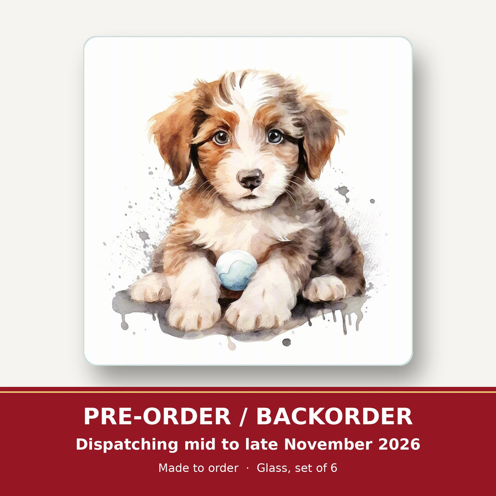 Watercolour Fluffy Puppy with Ball square glass coaster set of 6 – pre-order / backorder, dispatching mid to late November 2026
