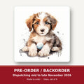 Watercolour Fluffy Puppy with Ball square glass coaster set of 6 – pre-order / backorder, dispatching mid to late November 2026