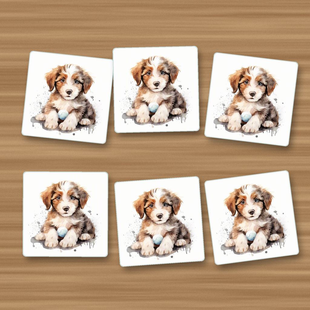 Watercolour Fluffy Puppy with Ball square glass coasters, set of 6, on an oak coffee table