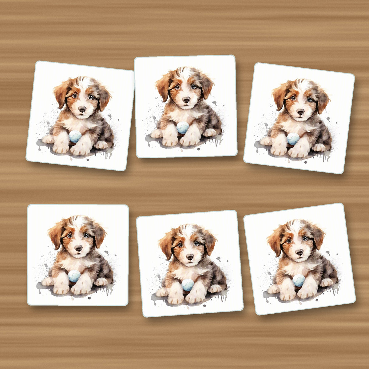 Watercolour Fluffy Puppy with Ball square glass coasters, set of 6, on an oak coffee table