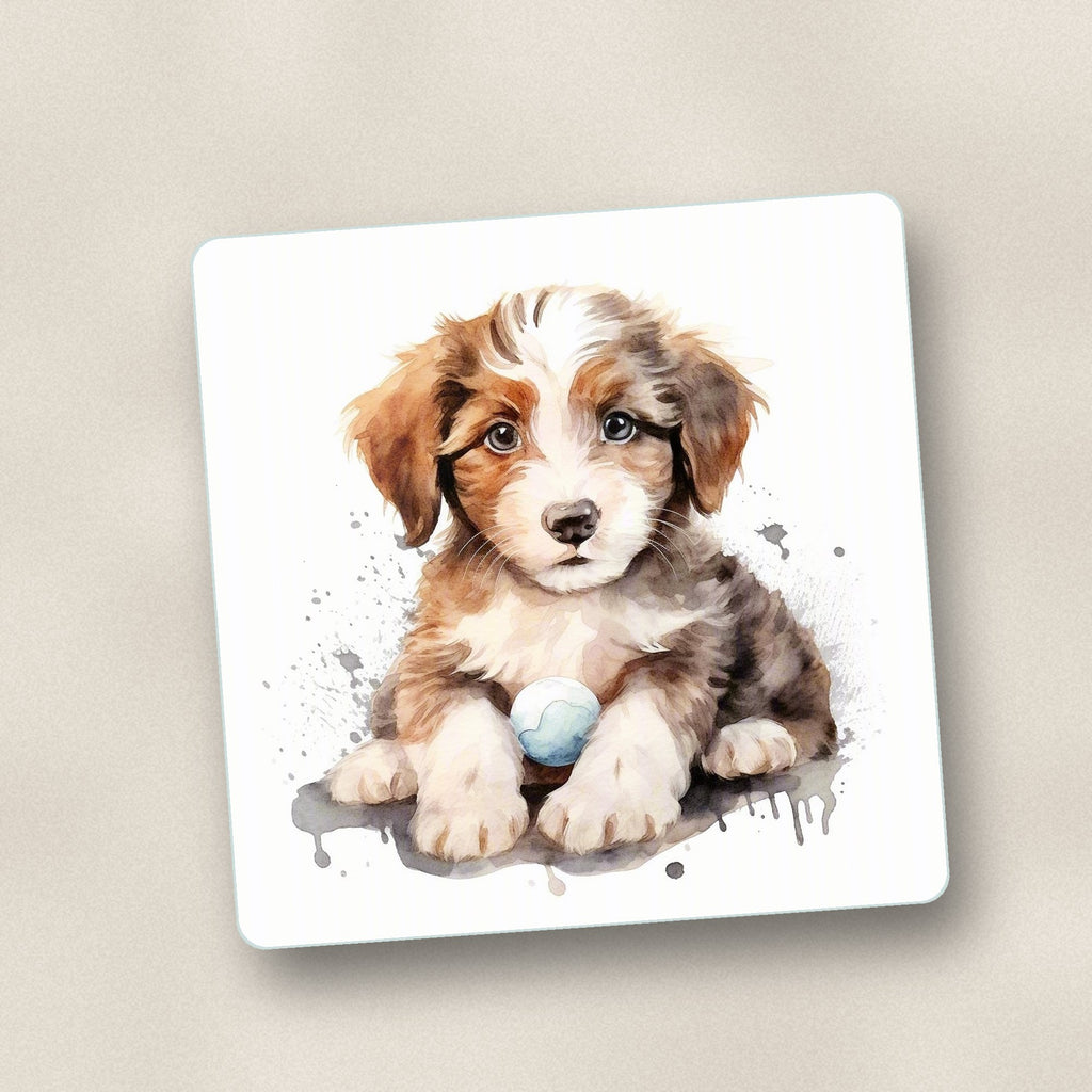 Close-up of one watercolour fluffy puppy with ball square glass coaster, flat UV print