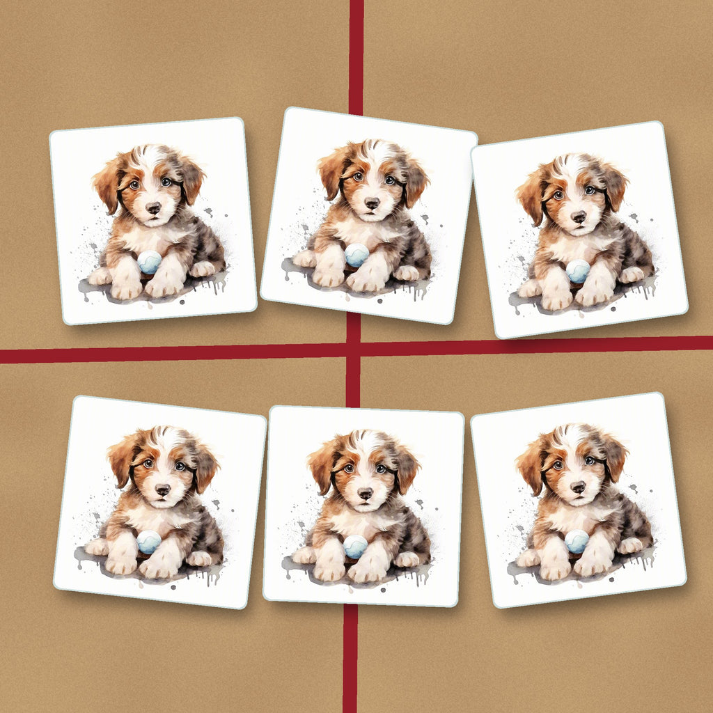 Watercolour Fluffy Puppy with Ball square glass coasters on kraft gift wrap