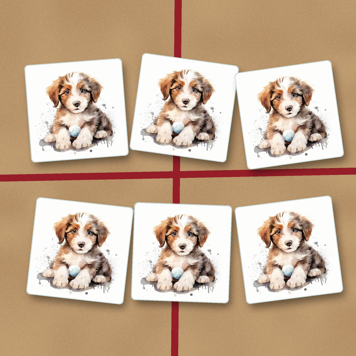 Watercolour Fluffy Puppy with Ball square glass coasters on kraft gift wrap