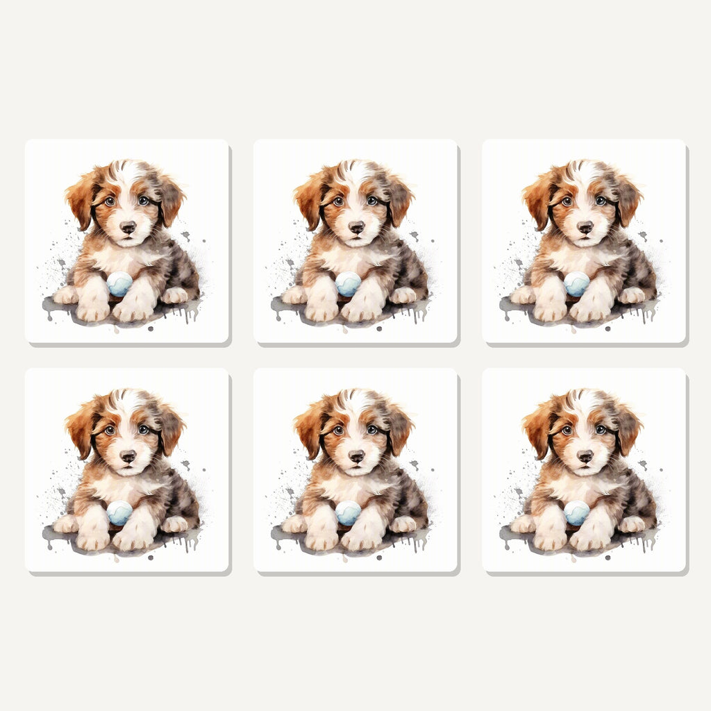 Flat lay of the watercolour fluffy puppy with ball artwork on six square coasters