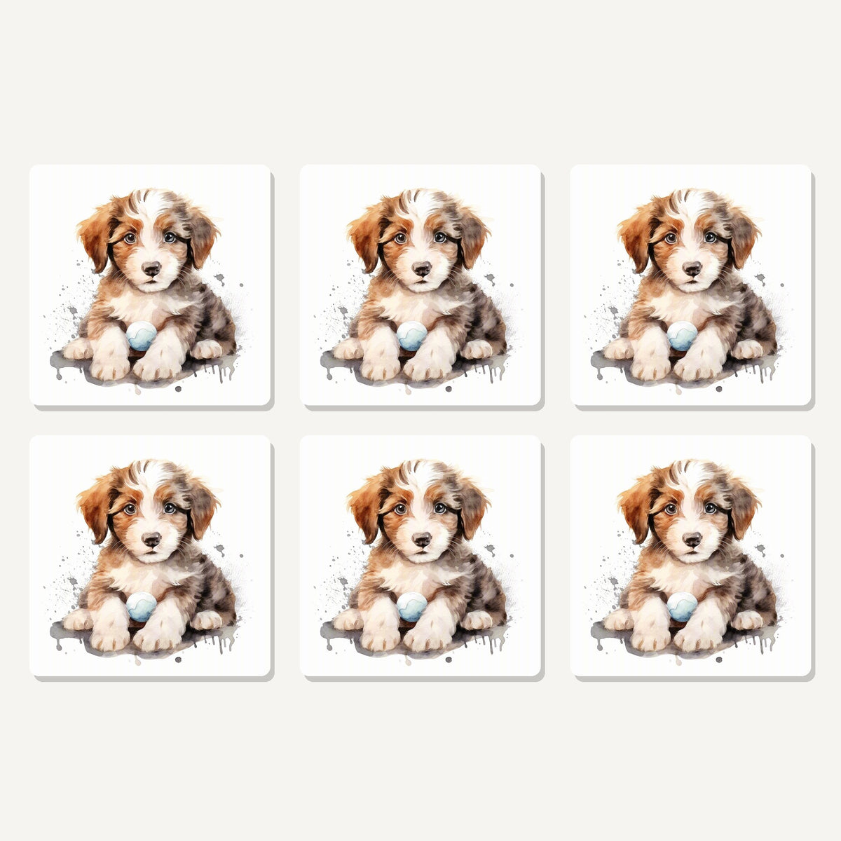 Flat lay of the watercolour fluffy puppy with ball artwork on six square coasters