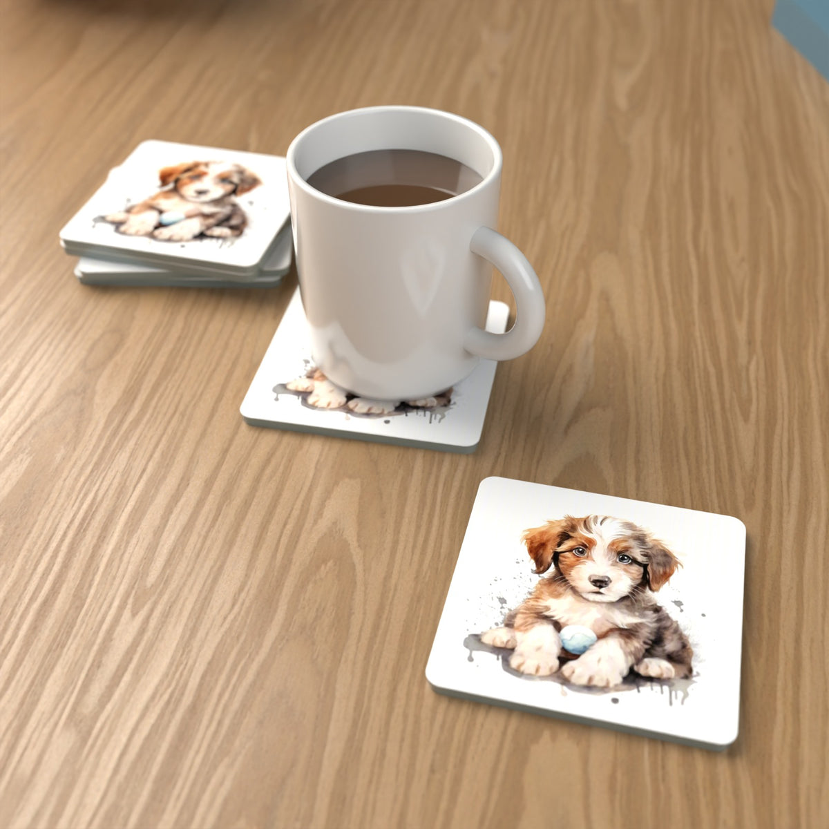 Watercolour Fluffy Puppy with Ball Square Glass Coasters – Set of 6 – lifestyle mockup with a mug of coffee