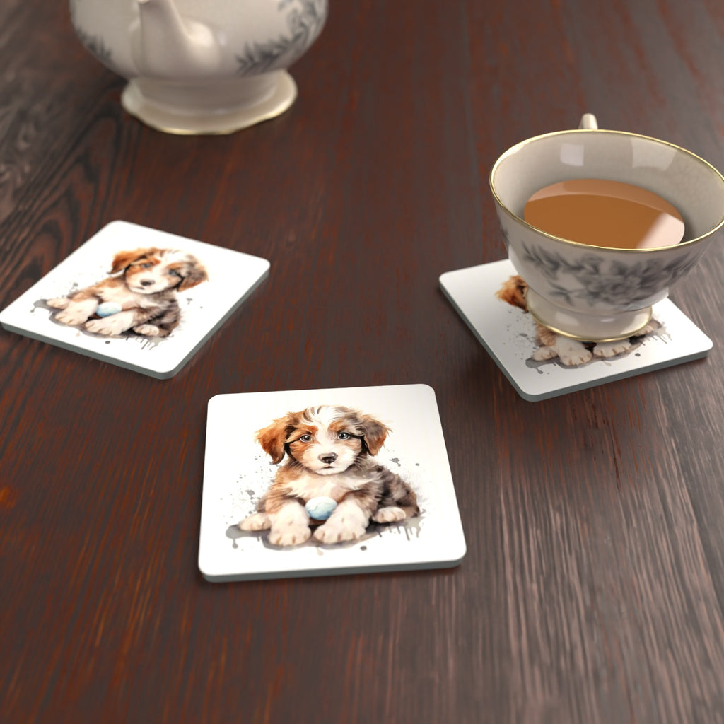 Watercolour Fluffy Puppy with Ball Square Glass Coasters – Set of 6 – lifestyle mockup with a teacup