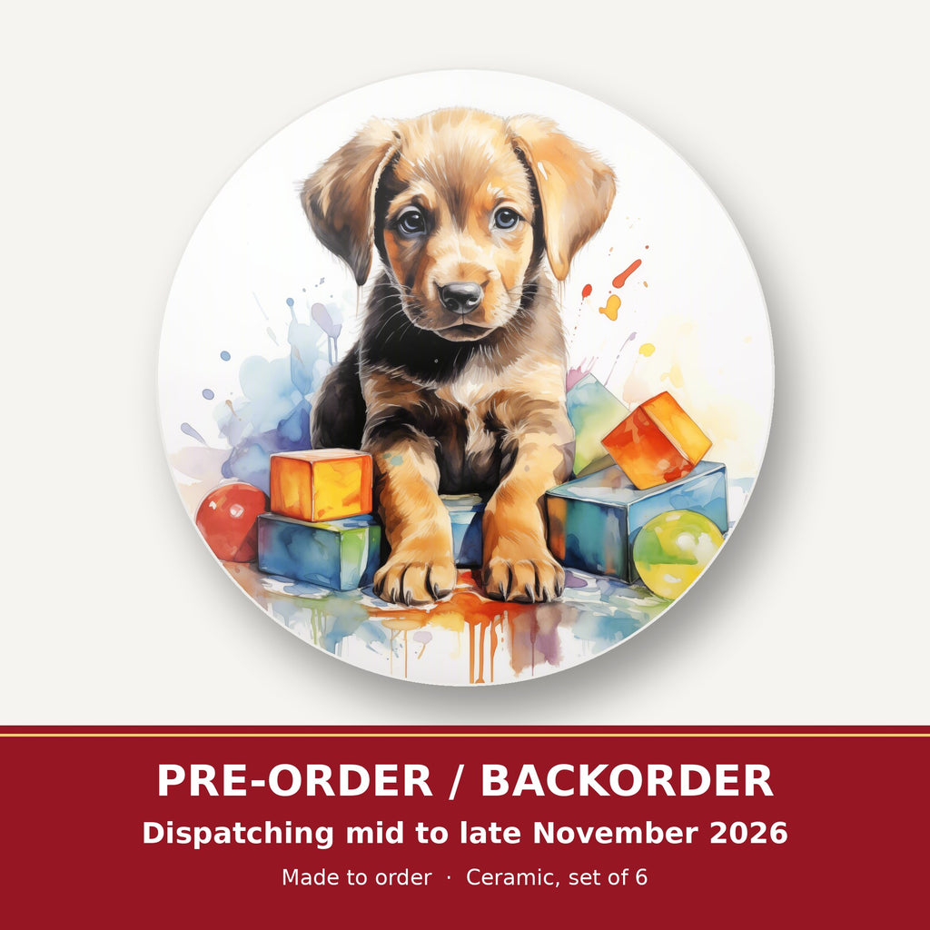 Puppy with Toy Blocks round ceramic coaster set of 6 – pre-order / backorder, dispatching mid to late November 2026