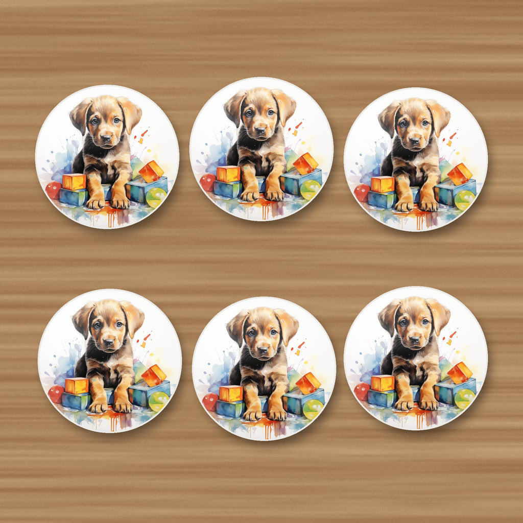Puppy with Toy Blocks round ceramic coasters, set of 6, on an oak coffee table