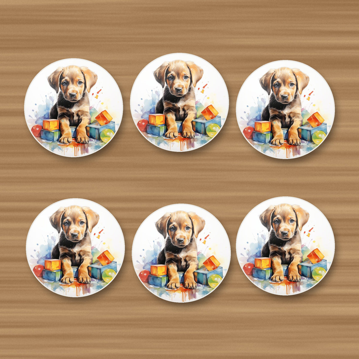 Puppy with Toy Blocks round ceramic coasters, set of 6, on an oak coffee table