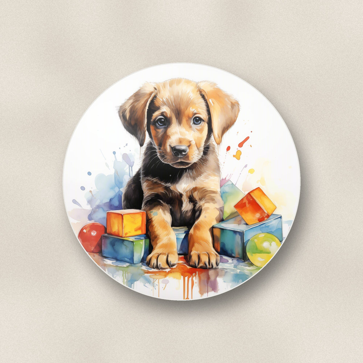 Close-up of one puppy with toy blocks round ceramic coaster, flat UV print