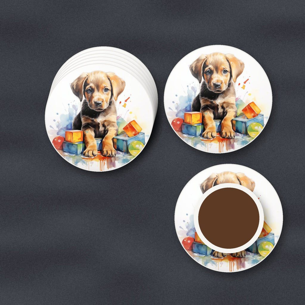 Puppy with Toy Blocks round ceramic coasters stacked on a slate kitchen worktop