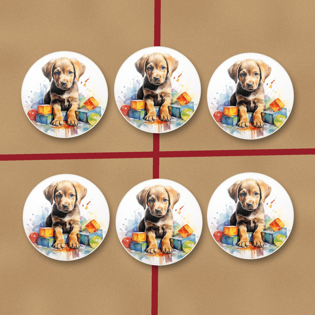 Puppy with Toy Blocks round ceramic coasters on kraft gift wrap