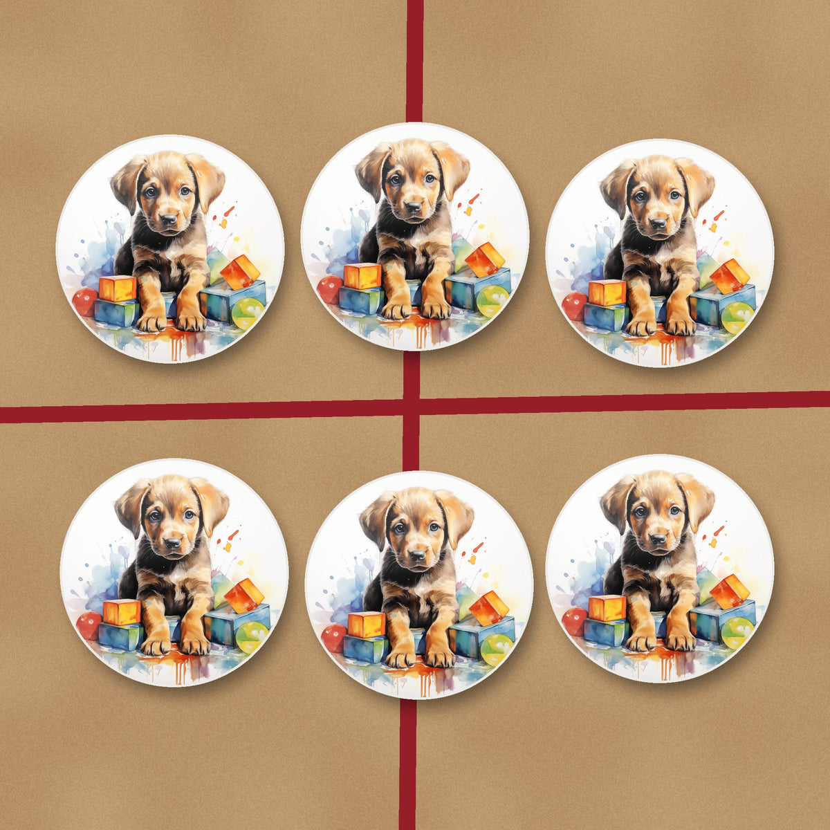 Puppy with Toy Blocks round ceramic coasters on kraft gift wrap