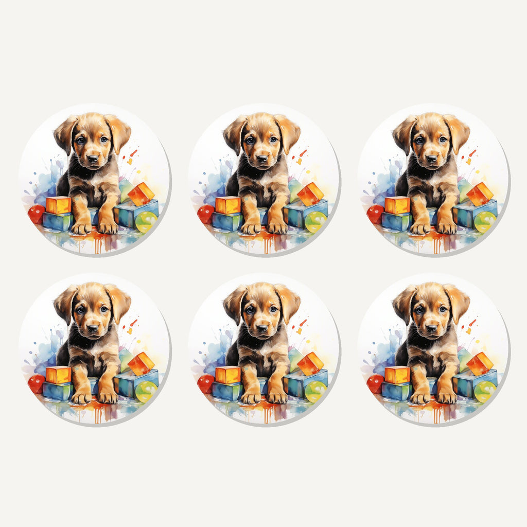 Flat lay of the puppy with toy blocks artwork on six round coasters