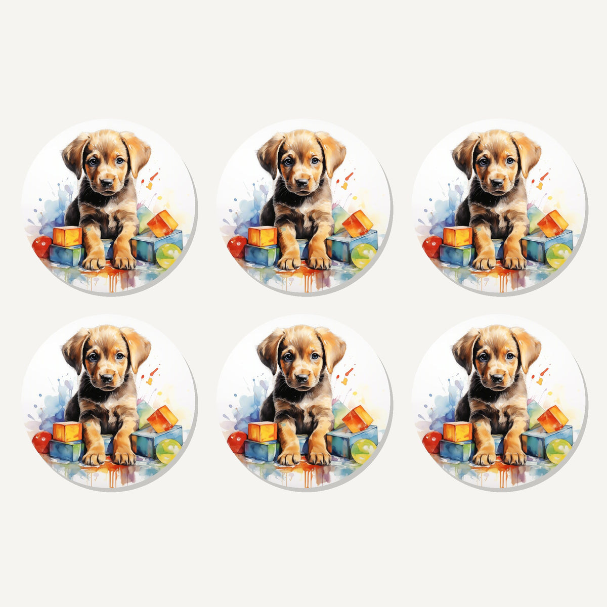 Flat lay of the puppy with toy blocks artwork on six round coasters