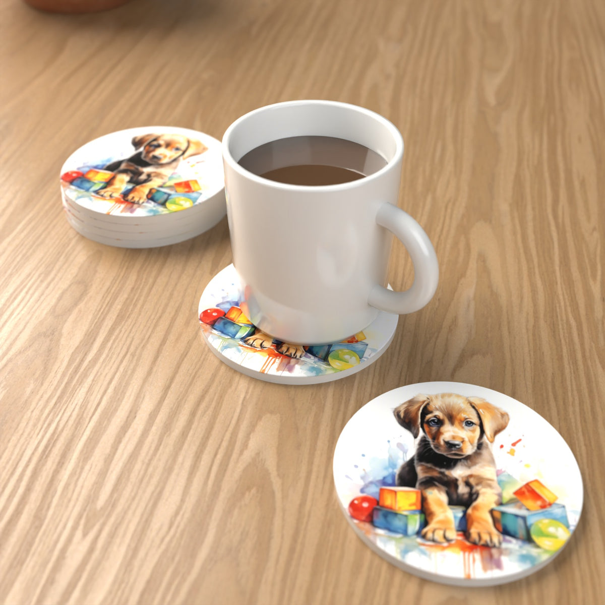Puppy with Toy Blocks Round Ceramic Coasters – Set of 6 – lifestyle mockup with a mug of coffee