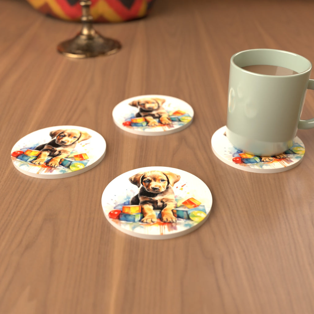 Puppy with Toy Blocks Round Ceramic Coasters – Set of 6 – cosy lifestyle mockup
