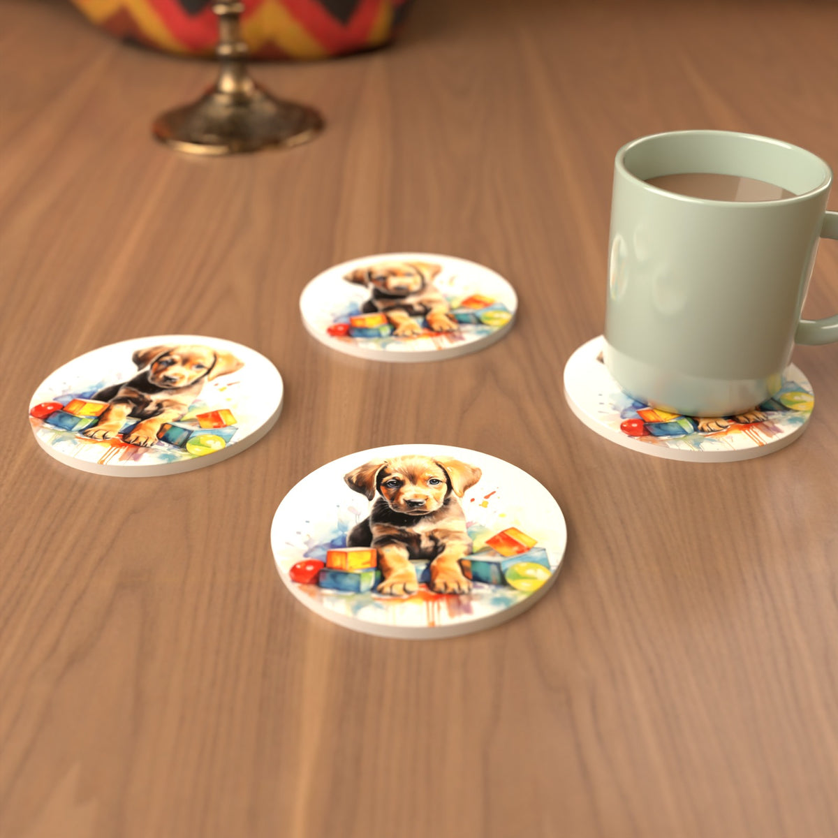 Puppy with Toy Blocks Round Ceramic Coasters – Set of 6 – cosy lifestyle mockup