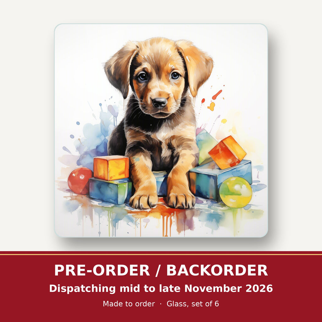 Puppy with Toy Blocks square glass coaster set of 6 – pre-order / backorder, dispatching mid to late November 2026