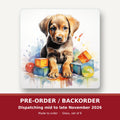 Puppy with Toy Blocks square glass coaster set of 6 – pre-order / backorder, dispatching mid to late November 2026