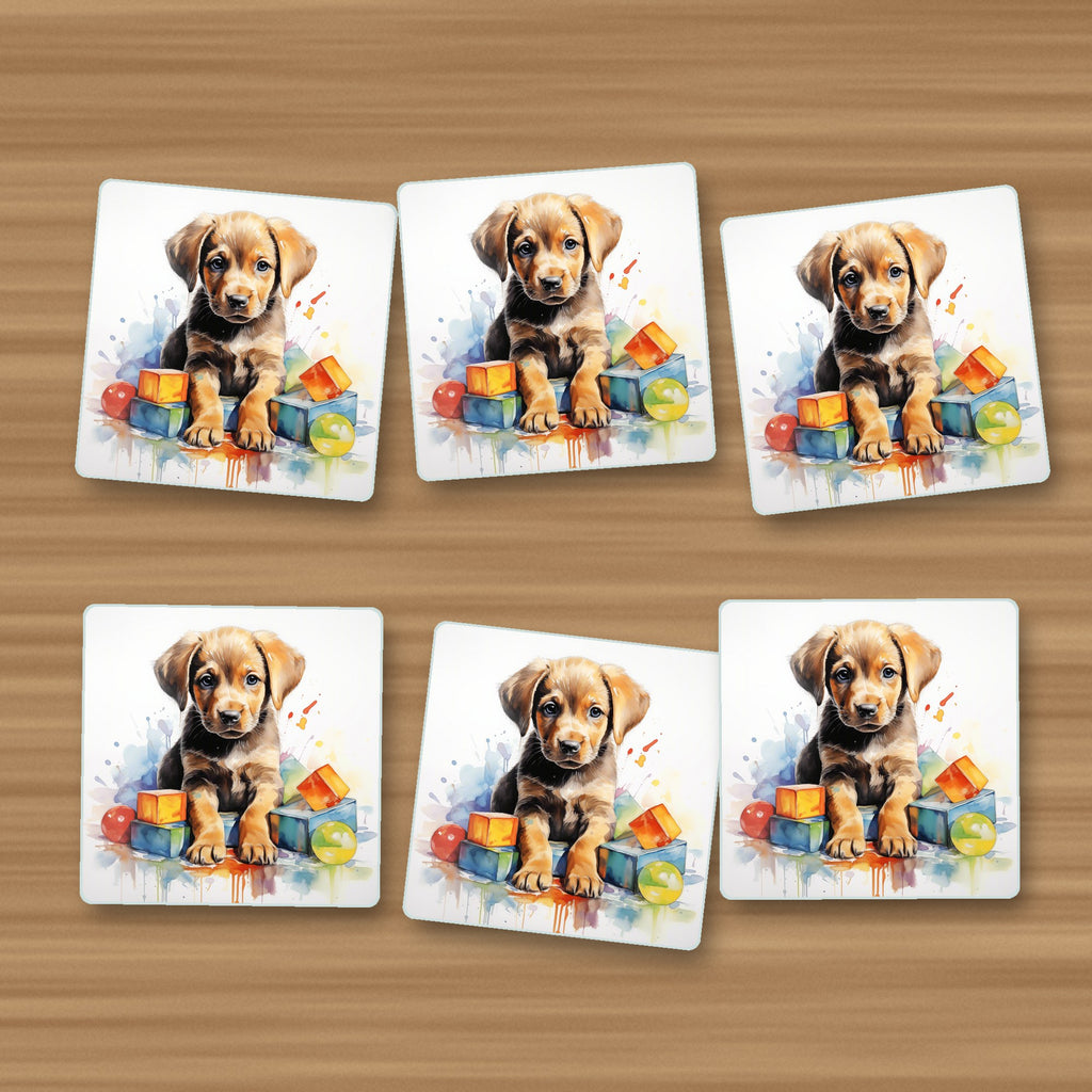 Puppy with Toy Blocks square glass coasters, set of 6, on an oak coffee table