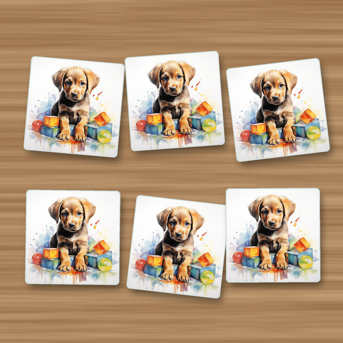 Puppy with Toy Blocks square glass coasters, set of 6, on an oak coffee table