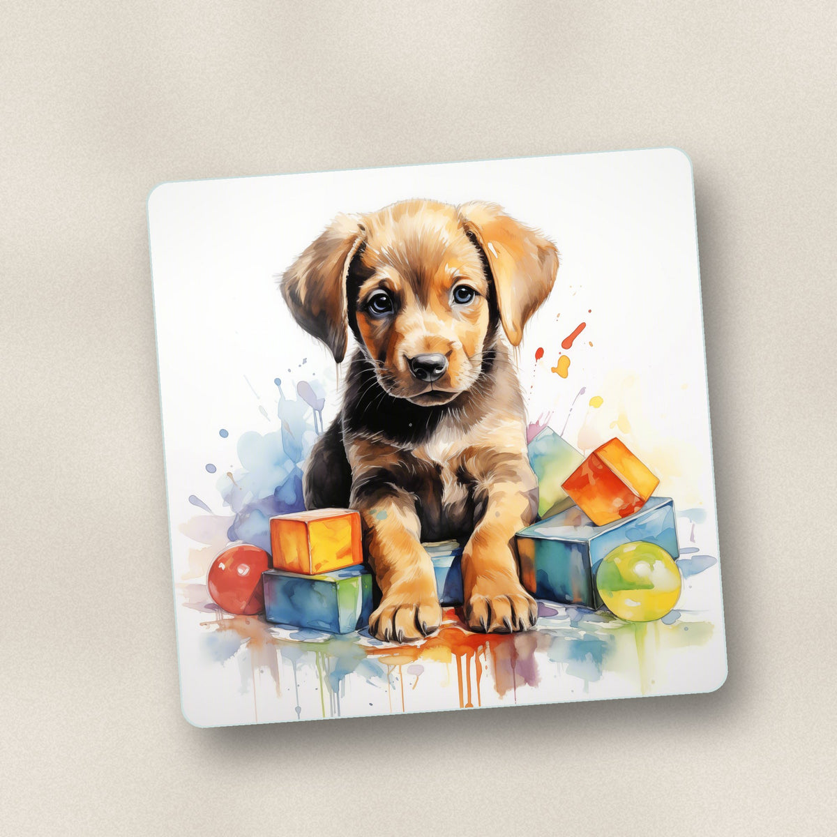 Close-up of one puppy with toy blocks square glass coaster, flat UV print