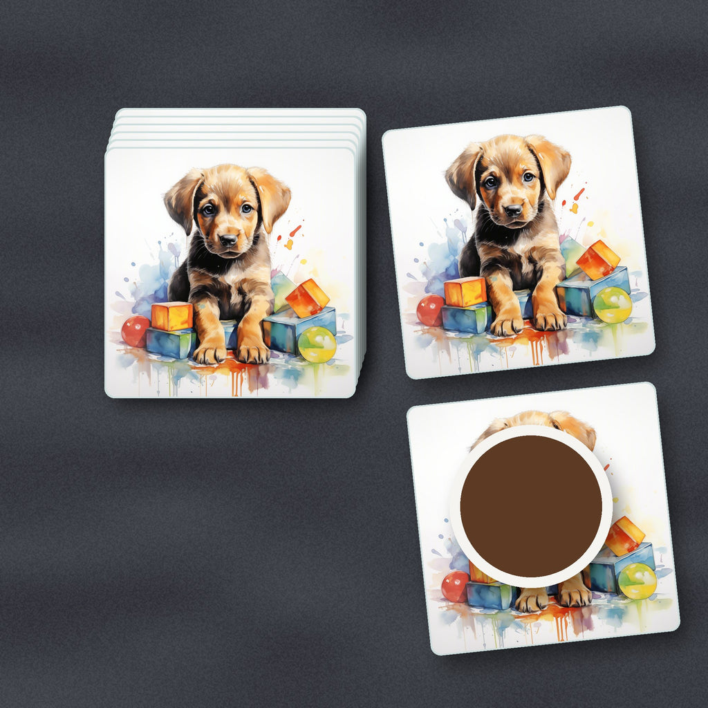 Puppy with Toy Blocks square glass coasters stacked on a slate kitchen worktop