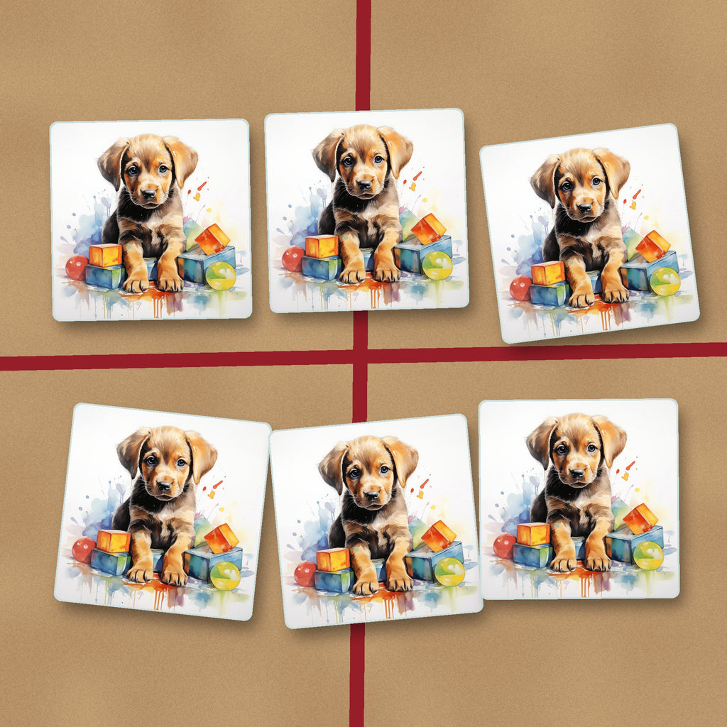 Puppy with Toy Blocks square glass coasters on kraft gift wrap