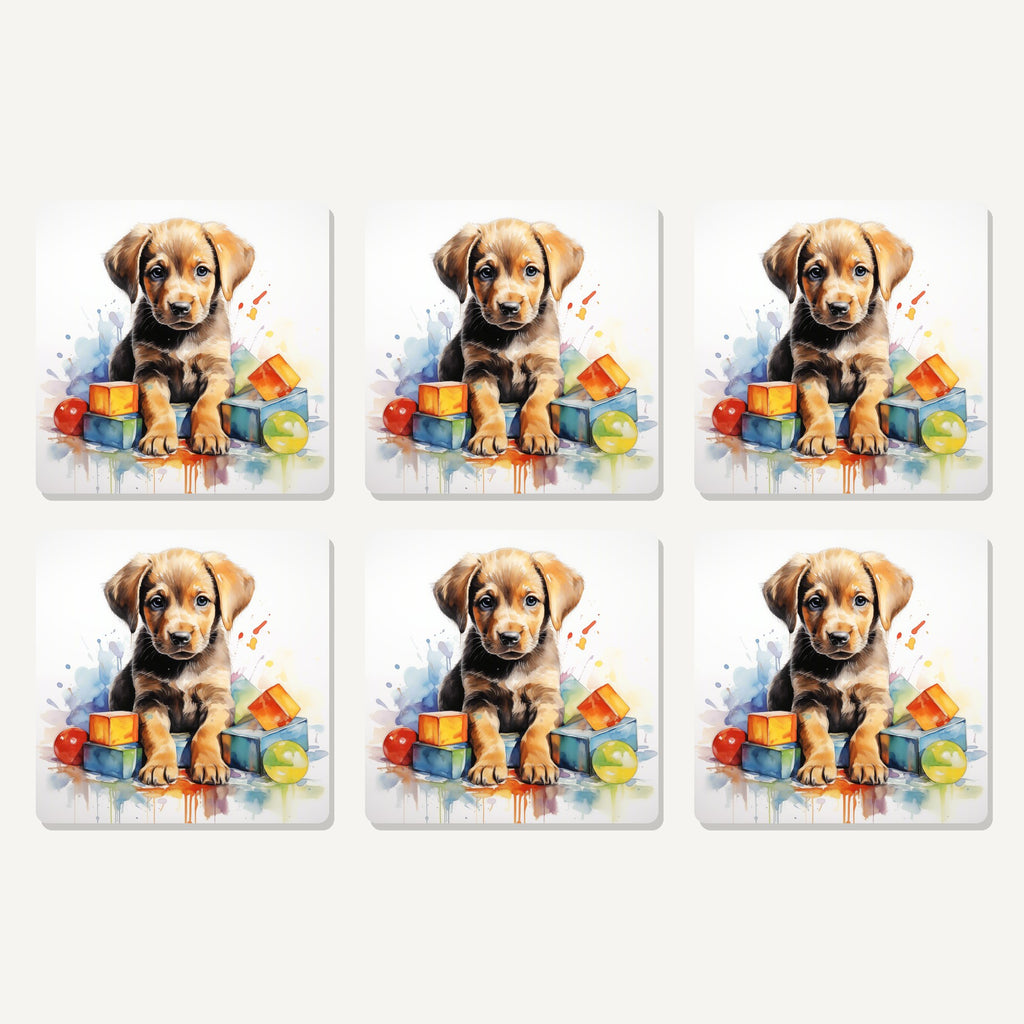 Flat lay of the puppy with toy blocks artwork on six square coasters