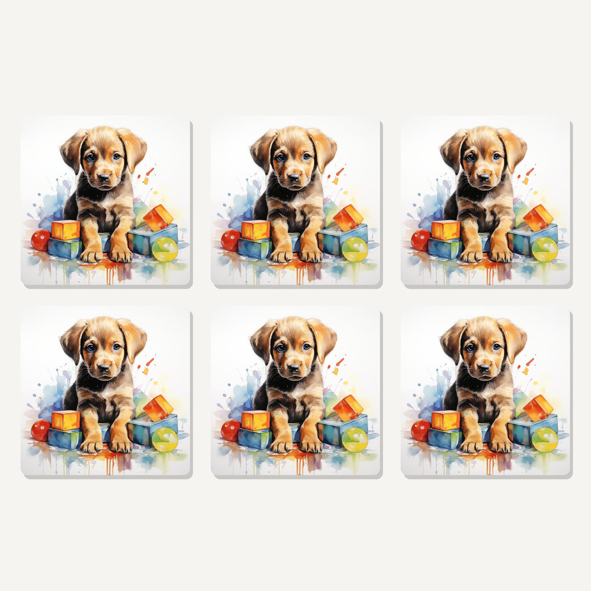 Flat lay of the puppy with toy blocks artwork on six square coasters