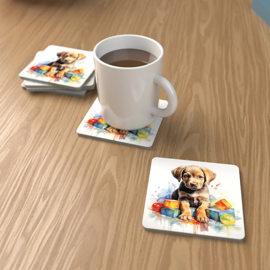 Puppy with Toy Blocks Square Glass Coasters – Set of 6 – lifestyle mockup with a mug of coffee