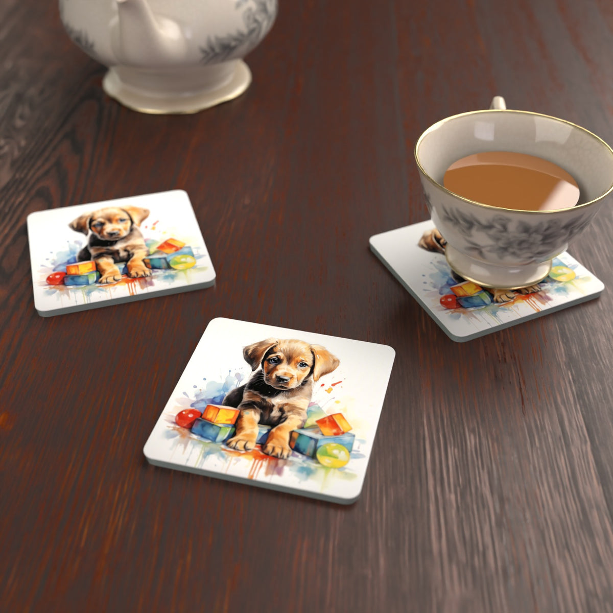 Puppy with Toy Blocks Square Glass Coasters – Set of 6 – lifestyle mockup with a teacup