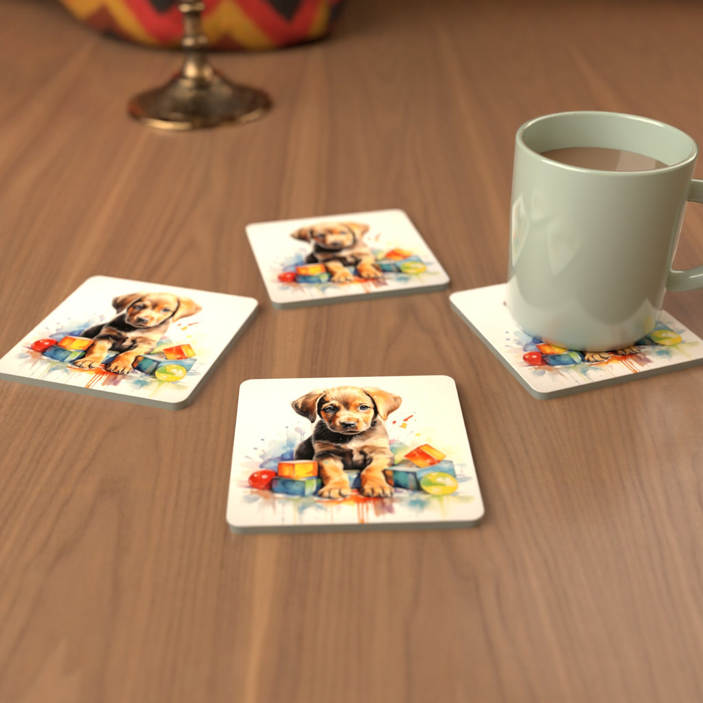 Puppy with Toy Blocks Square Glass Coasters – Set of 6 – cosy lifestyle mockup