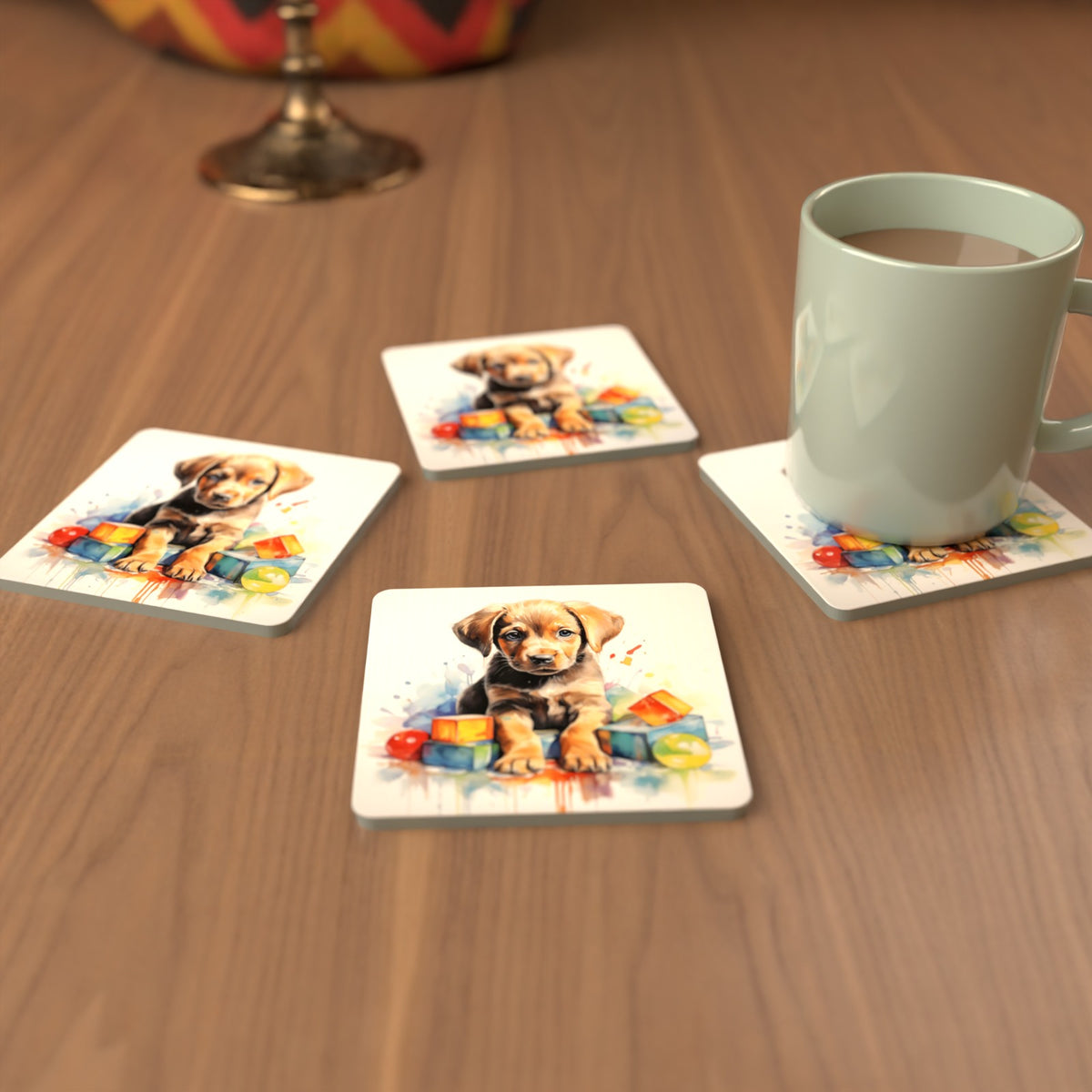 Puppy with Toy Blocks Square Glass Coasters – Set of 6 – cosy lifestyle mockup