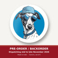 Cool Whippet in Cap & Shades round ceramic coaster set of 6 – pre-order / backorder, dispatching mid to late November 2026