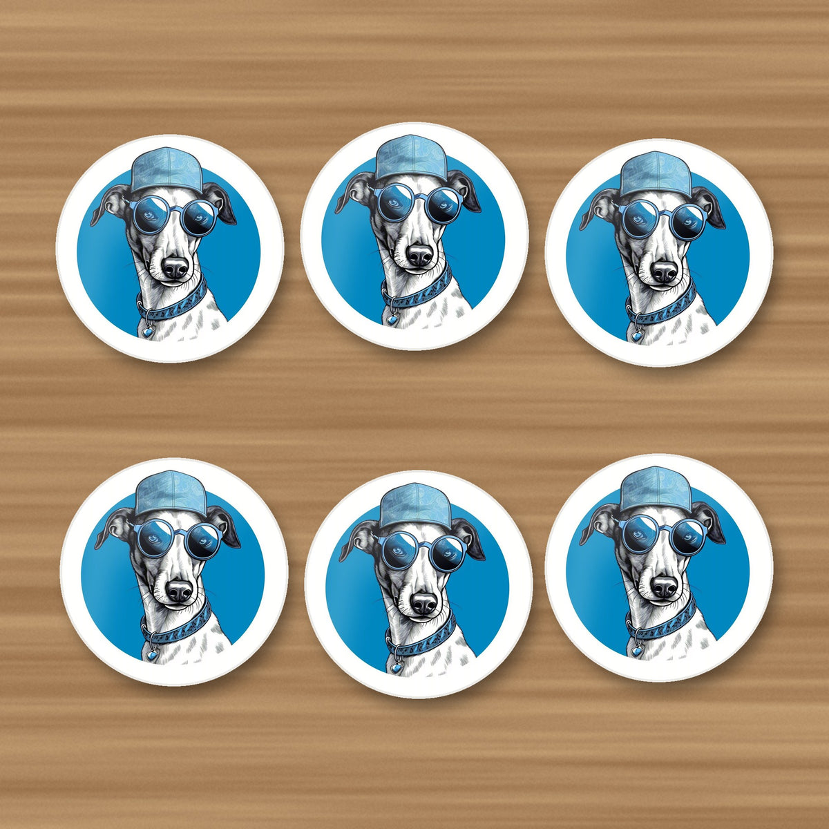 Cool Whippet in Cap & Shades round ceramic coasters, set of 6, on an oak coffee table